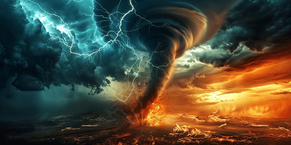 A dramatic tornado beneath lightning and storm clouds